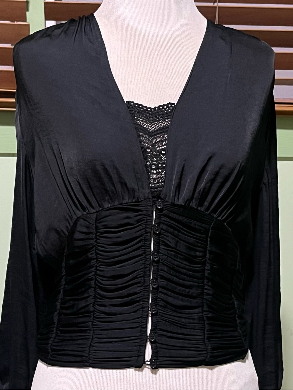 Free People Black Ruched Button-Front Blouse with Lace Inset